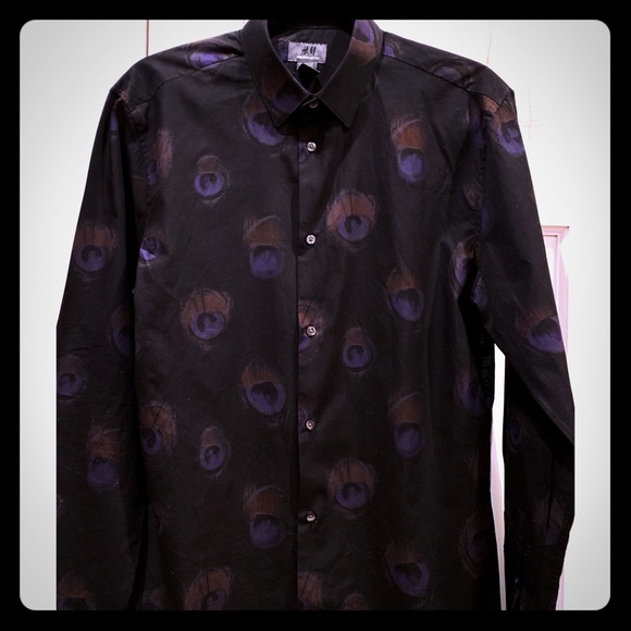 YYear Mens Casual Slim Fit Button Down Feather Print Button Up Dress Shirt
